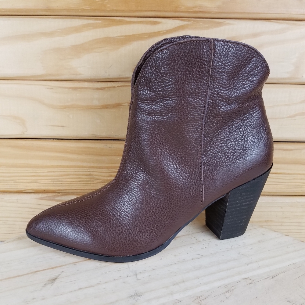 Splendid Brown Leather Heeled Ankle Western Boot Pointed Toe Pull-on Slip-on